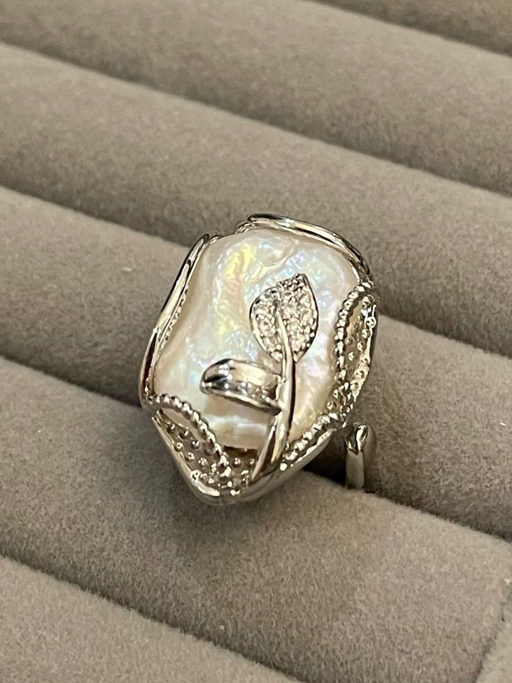 Silver Leaf Baroque Pearl Accent Statement Ring 17
